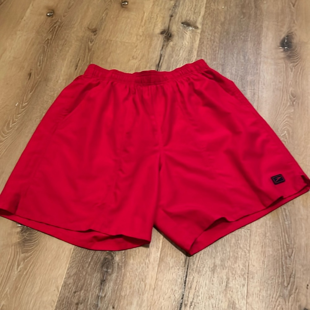 SPEEDO Mens Red Swim Trunks Size Large Elastic Waist Drawstring Side Pockets